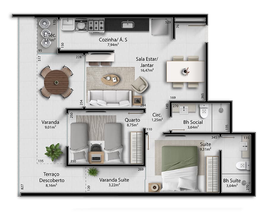 Colunas 7 e 8 - Terraço Descoberto - 84,49m²