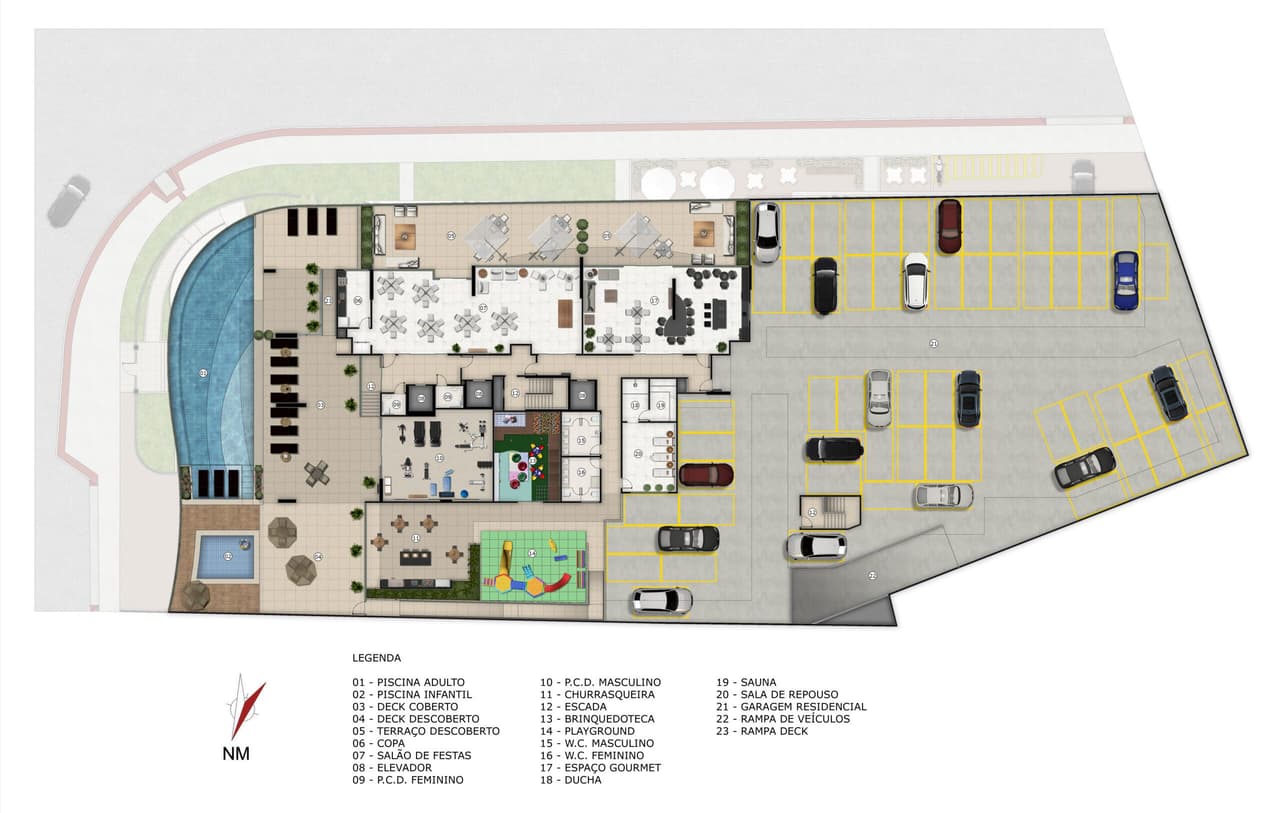 Hall de entrada e lojas no pavimento